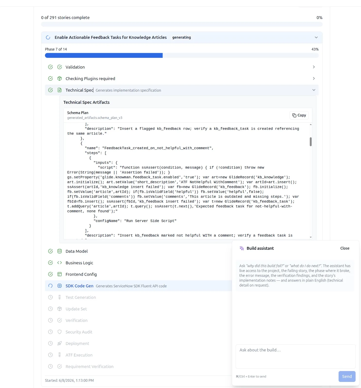SnowCoder Yeti Build Agent with the Build assistant panel open over a live Build Progress view. The assistant offers to answer 'why did this build fail?' or 'what do I do next?', noting it has live access to the project, the failing story, the phase where it broke, the error message, the verification findings, and the implementation notes - and answers in plain English.