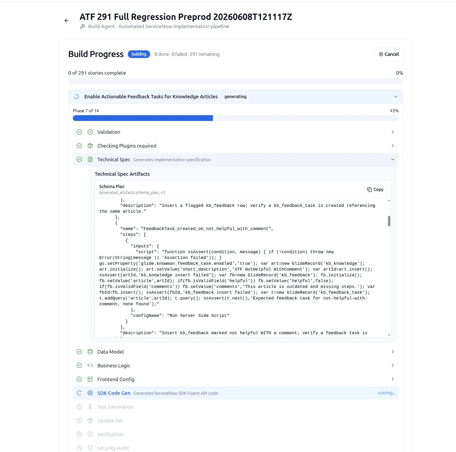 SnowCoder Yeti Build Agent live Build Progress view for run ATF 291 Full Regression Preprod. The build is in progress at phase 7 of 14, with the Technical Spec phase expanded to reveal the generated Schema Plan artifact and real ServiceNow Fluent SDK / ATF code. Pipeline phases from Validation through Requirement Verification are listed, each independently audited.