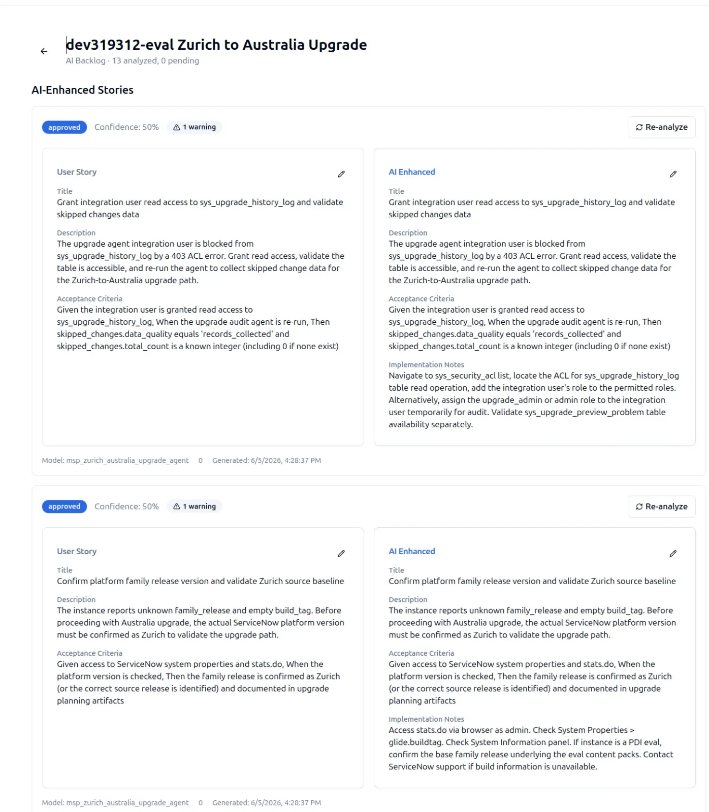 AI-Enhanced Stories backlog for the Zurich to Australia upgrade. Each row shows the original User Story and the AI Enhanced version side by side, with title, description, acceptance criteria, and implementation notes. An Approved confidence badge sits at the top of each story.