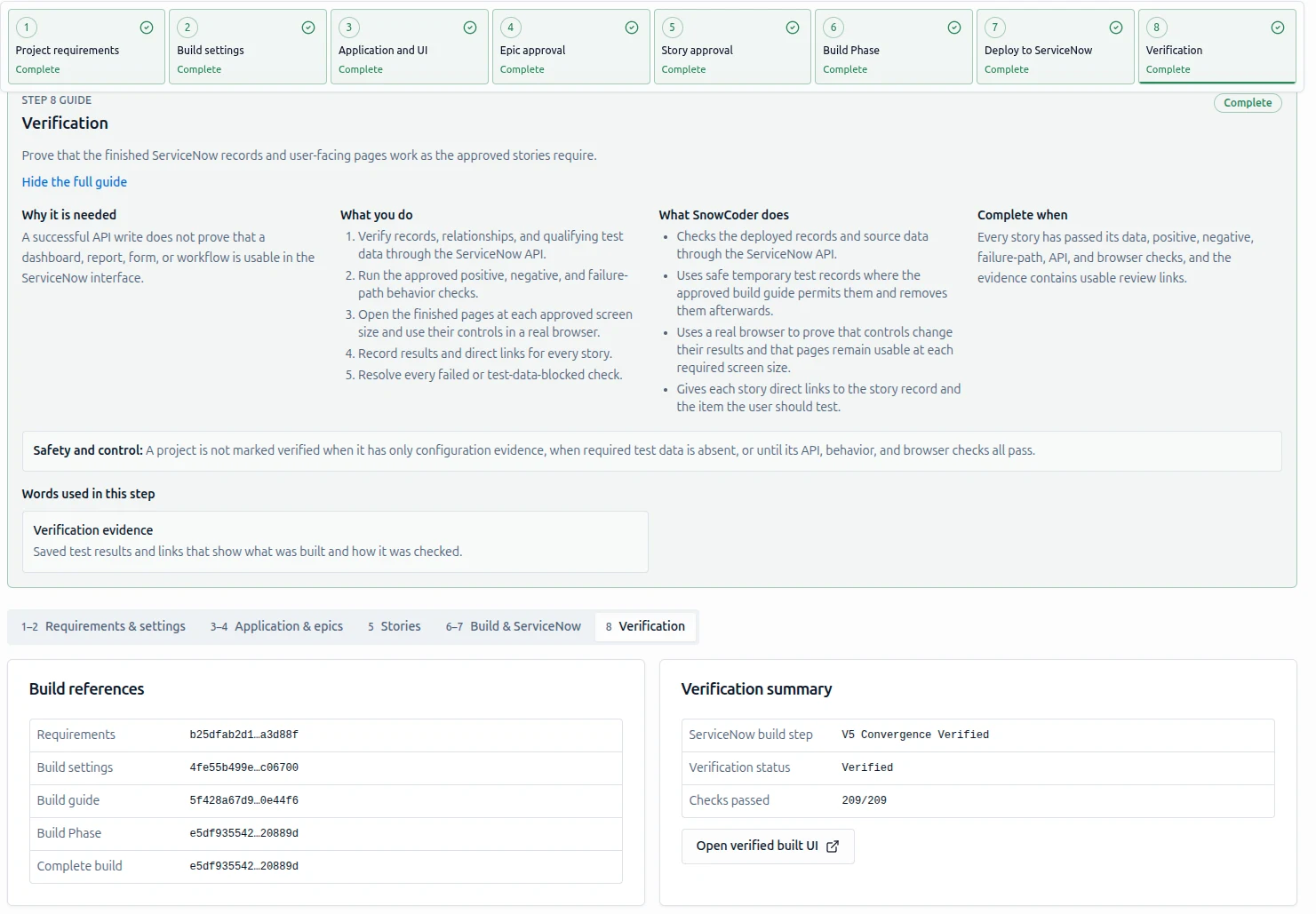 SnowCoder Verification step, all 8 workflow steps complete. The guide explains deployed records are checked via the ServiceNow API and a real browser proves controls work at each screen size. The summary shows ServiceNow build step V5 Convergence Verified, status Verified, 209 of 209 checks passed, and an Open verified built UI button.